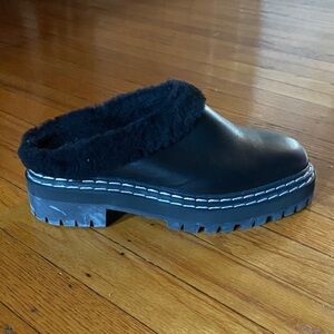 Proenza Schouler Black Fur-Trim Leather Clog Mules